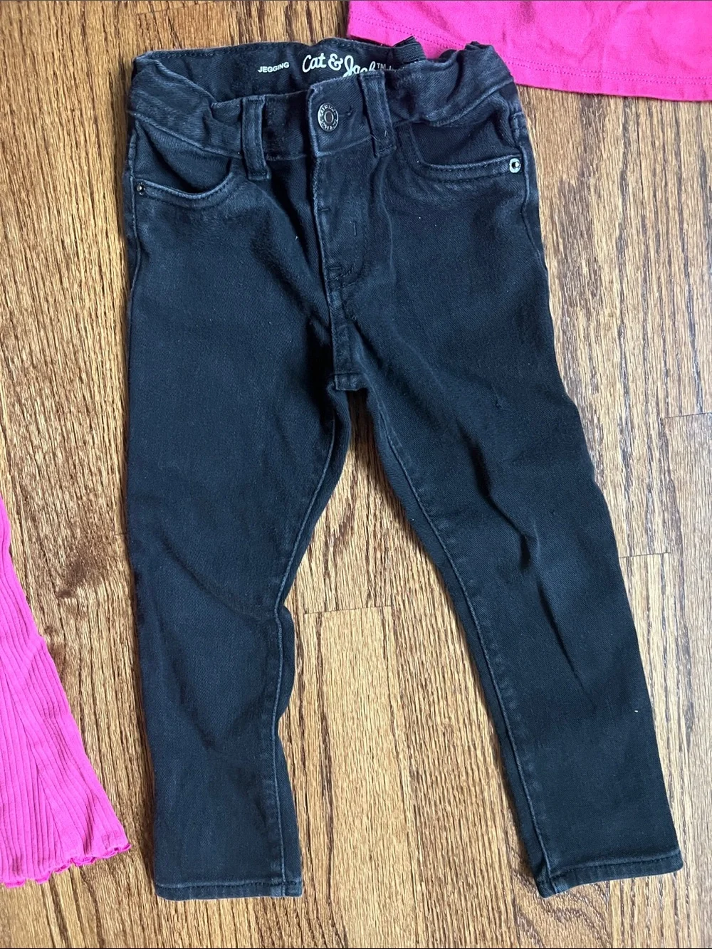 Girls Multi-Piece Outfit Lot - Long Sleeve Tees & Pants-Pink Flared, Black Jeans